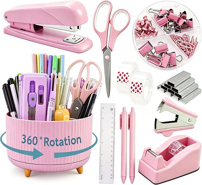 Pink Desk Organizers and Accessories with Desk Organizer 360° Rotating Pen Holder and Office Sup... | Amazon (US)