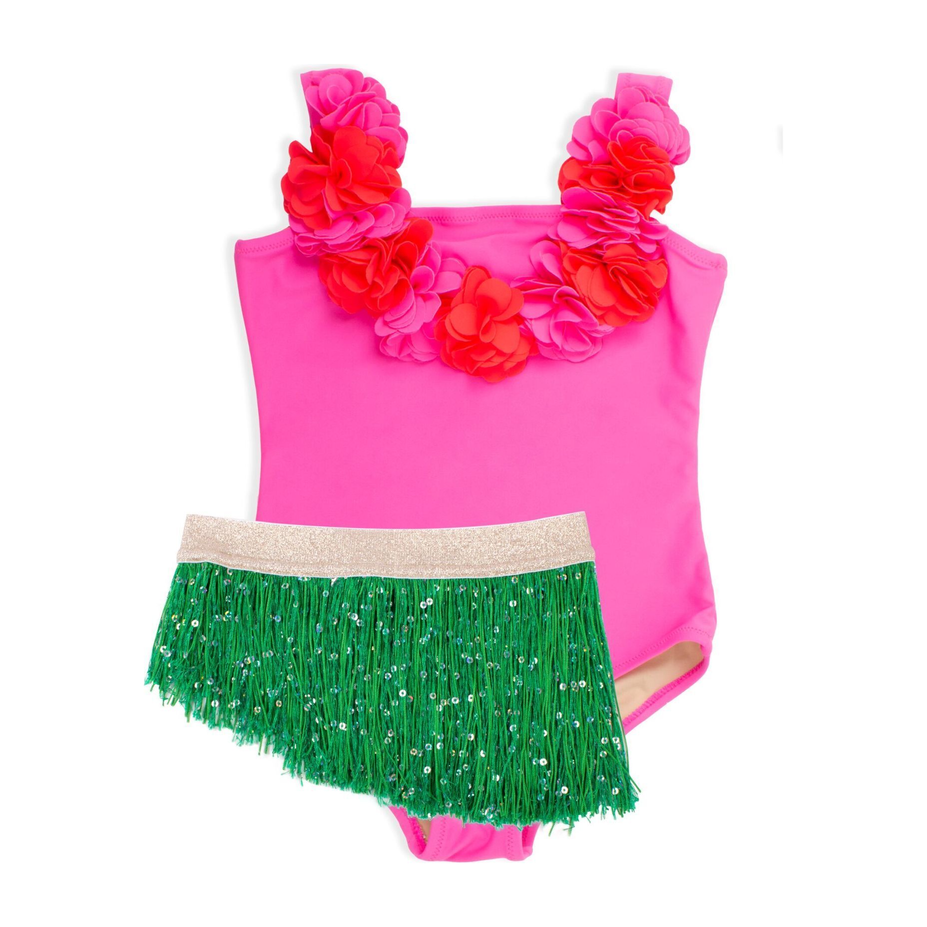 Hula Girl Fringe Tutu One Piece, Pink and Green | Maisonette