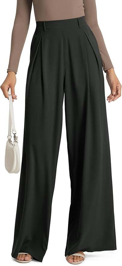 ODODOS Chiffon Flowy Pleated Wide Leg Pants for Women Lightweight High Waist Trouser with Pockets... | Amazon (US)