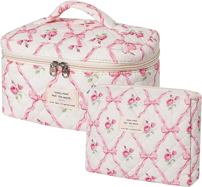 uekeboag 2 Pcs Large Quilted Makeup Bag, Cotton Quilted Toiletry Bag for Women,Floral Coquette Ma... | Amazon (US)