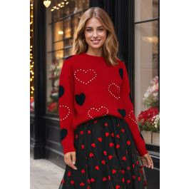 Passionate Heart Pearl Trim Knit Sweater in Red for Romantic Strolls & Relaxed Weekends | Chicwish