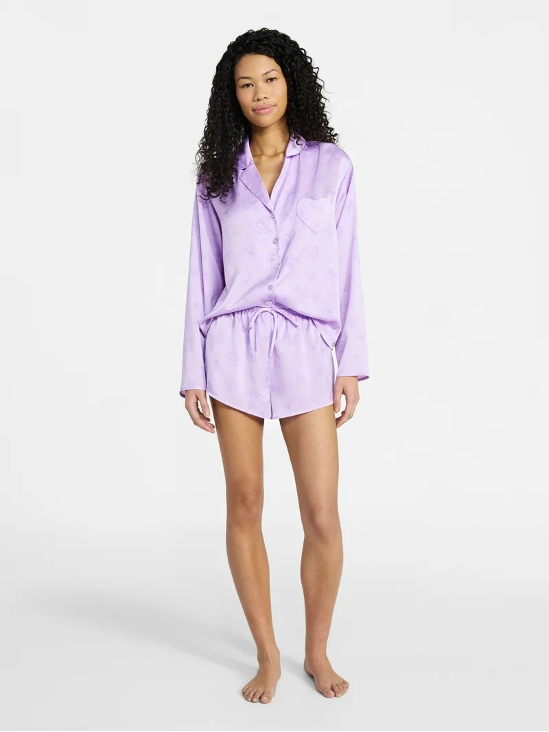 No Boundaries Sleepwear Satin Long Sleeve Button-Up Top and Shorts Set, 2-Piece, Women’s XS-XXL | Walmart (US)