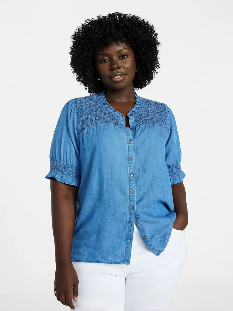 Terra & Sky Women's Plus Size Smock Yoke Top with Elbow Sleeves, Sizes 0X-5X | Walmart (US)