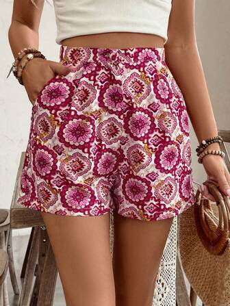 SHEIN VCAY Random print Oversized Shirt En Short set Met Schuin Zakken | SHEIN