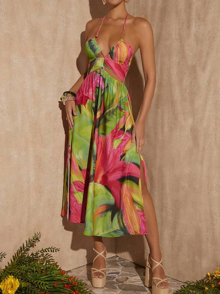 SHEIN VCAY Tropical Print Split Thigh Halter Dress | SHEIN