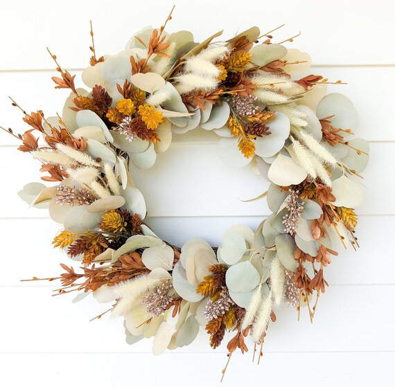 Fall Neutral Wreath with Mustard Hops| Fall Pampas Grass Wreath| Bunny Tail Wreath| Fall Farmhous... | Etsy (US)