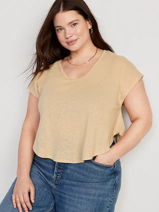 Linen-Blend Cropped Voop-Neck T-Shirt for Women | Old Navy (CA)