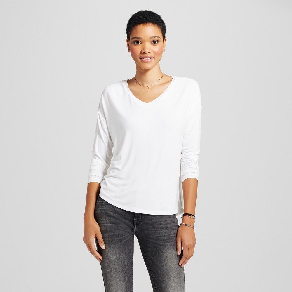 Women's Softest Long Sleeve V-Neck T-shirt - Mossimo Supply Co. White M | Target