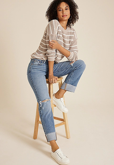 edgely™ High Rise Raw Cuff Hem Relaxed Straight Jean | Maurices