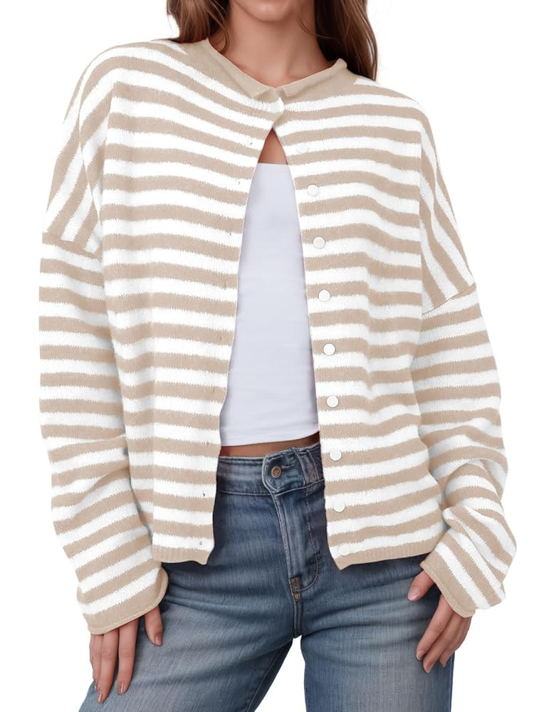 Saodimallsu Womens Striped Cardigan Casual Long Sleeve Open Front Button Down Loose Knit Lightwei... | Amazon (US)