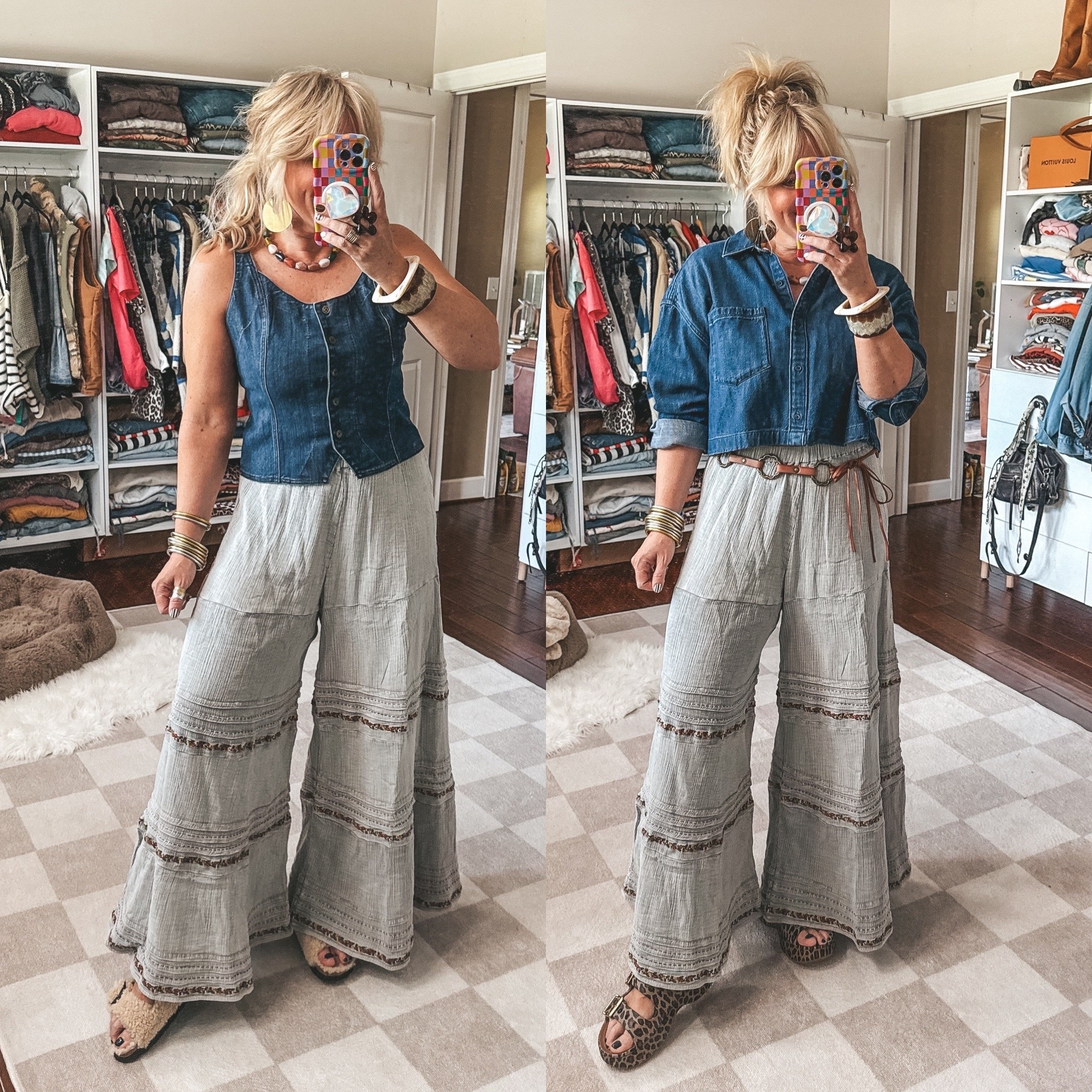 The comfiest palazzo pants! These are so stretchy and I love the detail! 
This denim tank style top is perfect with them and also adorable with a long sleeve denim top. Adding a belt was perfect with them too!! I’m wearing a medium in everything. 
👉🏼Cropped denim button up is Aerie from last year (linked similar)

@Natural Life

#LTKOver40