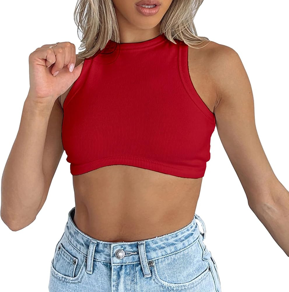 Dwnval Sexy Sleeveless Crewneck Tank Top Ribbed Knitted Crop Tops for Women | Amazon (US)