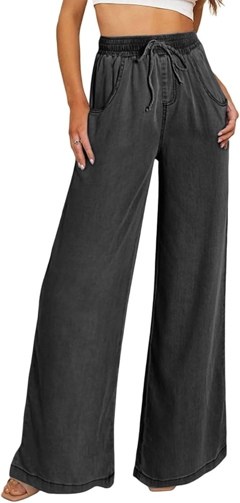 Sidefeel Women's Drawstring Wide Leg Jeans High Waisted Loose Fit Denim Pants | Amazon (US)