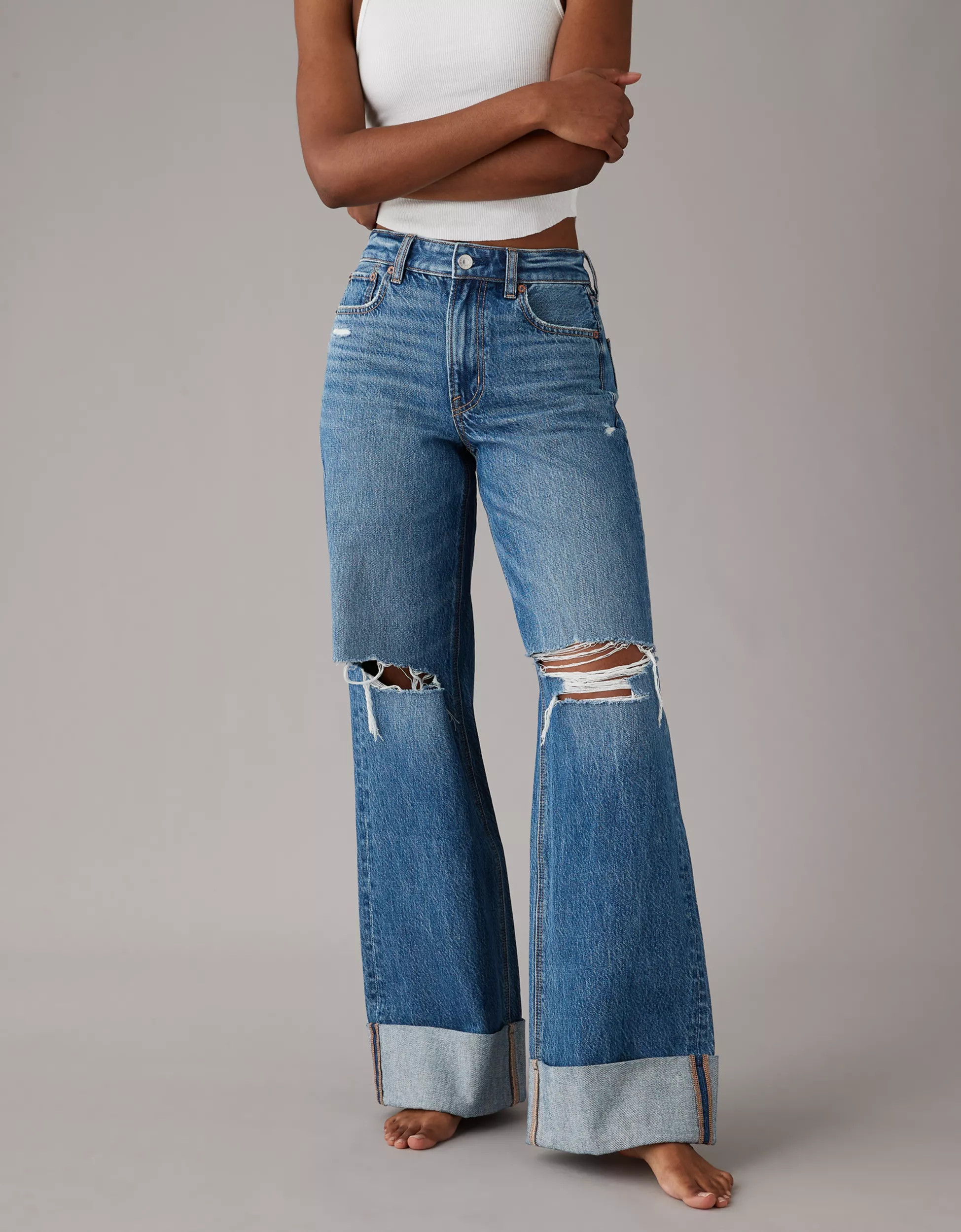 AE Super High-Waisted Baggy Wide-Leg Cuffed Ripped Jean | American Eagle Outfitters (US & CA)