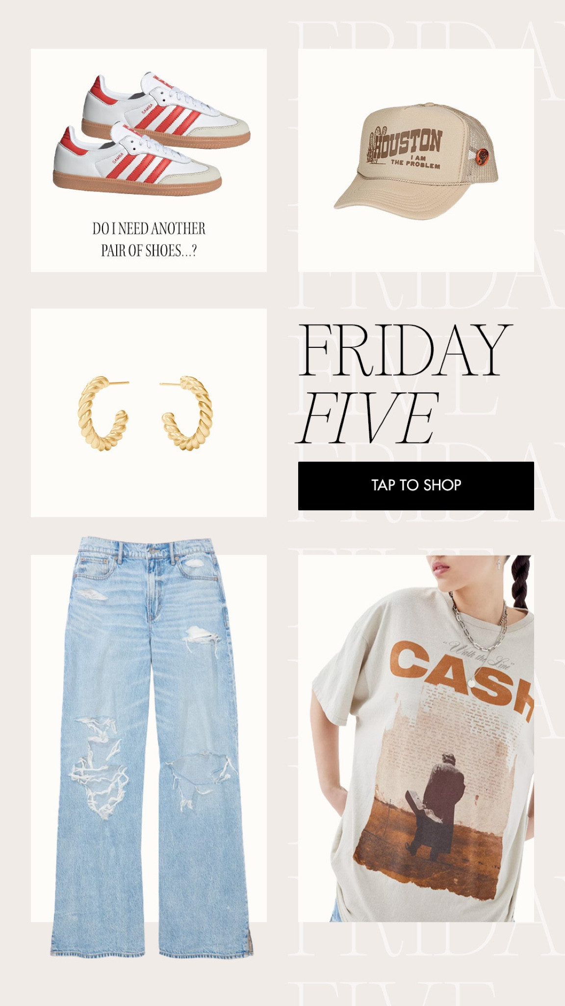 Todays Friday Five🤎🤎 currently crushing on: wide leg jeans, oversized graphic tees and trucker hats 😍

Adidas Sambas, red, red stripes, Johnny cash, gold hoops, American eagle jeans 

#LTKfindsunder50 #LTKSeasonal #LTKbump