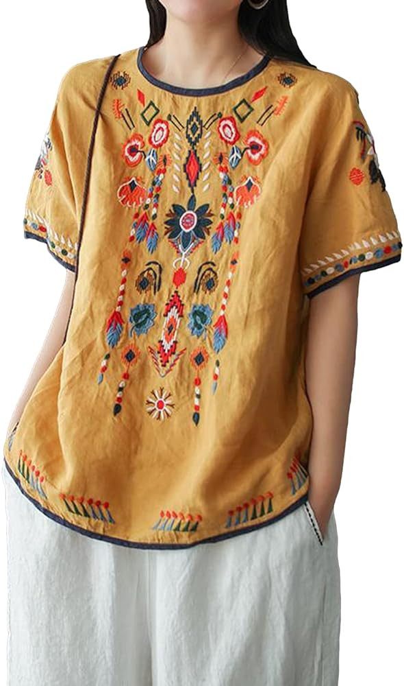 SeekMe Women's Embroidered Blouse Cotton Linen Short Sleeve Peasant Boho Mexican Tunic Top Casual... | Amazon (US)