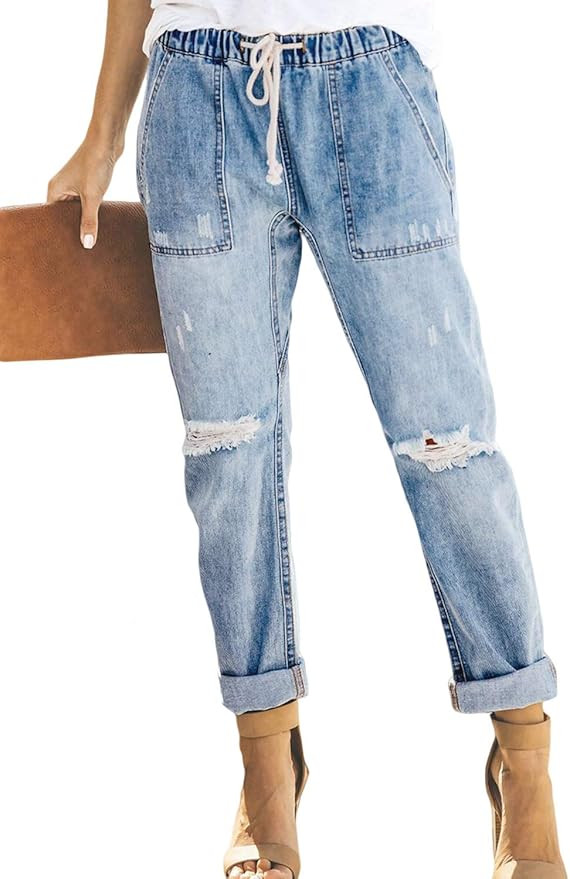 Metietila Women’s Casual Pull-on Distressed Stretch Jeans Elastic Waist Jean Light Denim Jogger... | Amazon (US)