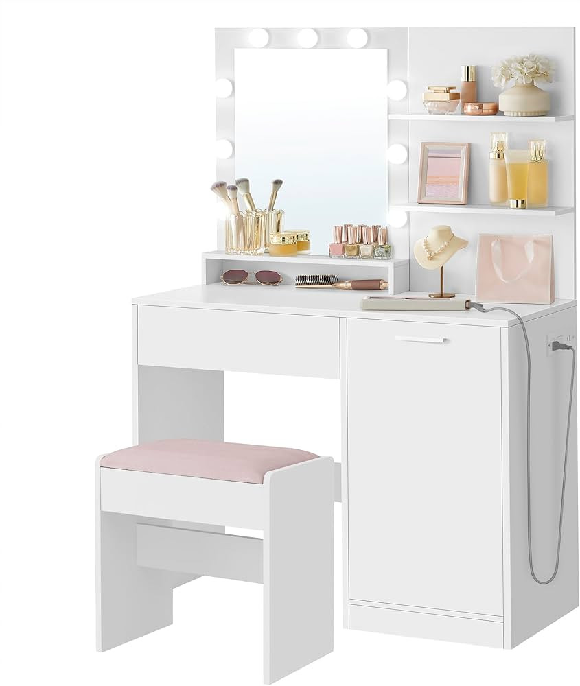 VASAGLE Vanity Desk with Mirror and Lights, 35.4-Inch Wide Makeup Vanity with Upholstered Vanity ... | Amazon (US)