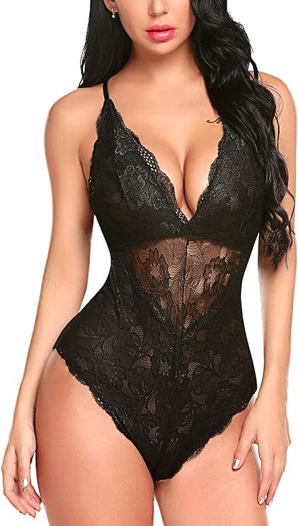 Avidlove Women Snap Crotch Lingerie Sexy Lace Bodysuit Deep V Teddy One Piece Lace Babydoll | Amazon (US)