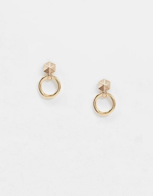 AllSaints hexagon and circle drop stud earrings in gold | ASOS (Global)