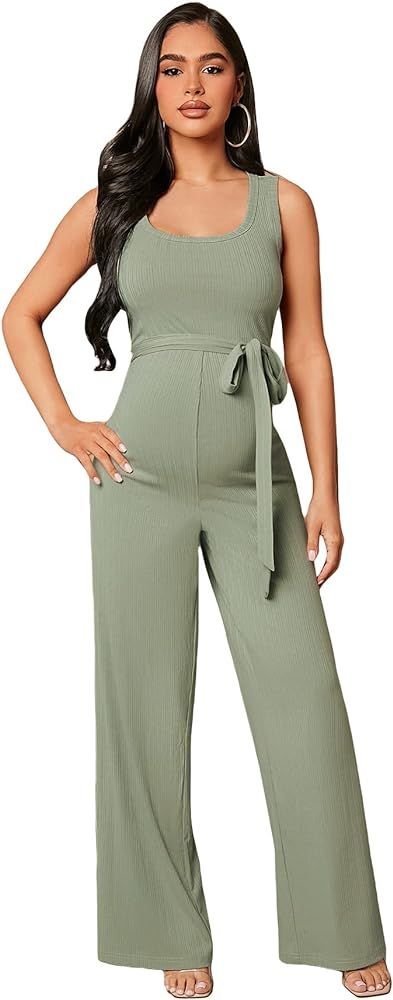 OYOANGLE Women's Maternity Ribbed Knit Scoop Neck Sleeveless Belted Pants Romper Jumpsuit | Amazon (US)