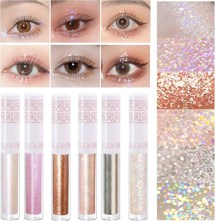 6Pcs Liquid Glitter Eyeshadow Eyeliner, Korean Makeup, Bling Under Eye Shadow, Shimmer Eye Make U... | Amazon (US)