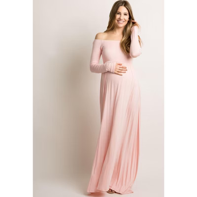 PinkBlush PinkBlush Tall Pink Solid Off Shoulder Maternity Maxi Dress Pink Medium | Target