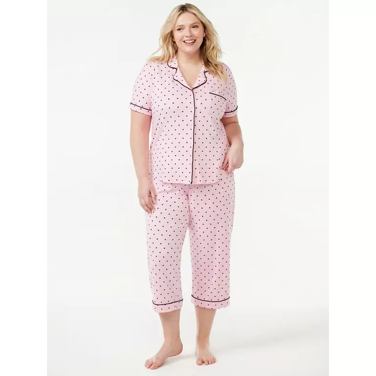 Joyspun Women's Notch Collar Top and Capris Sleep Set, 2-Piece