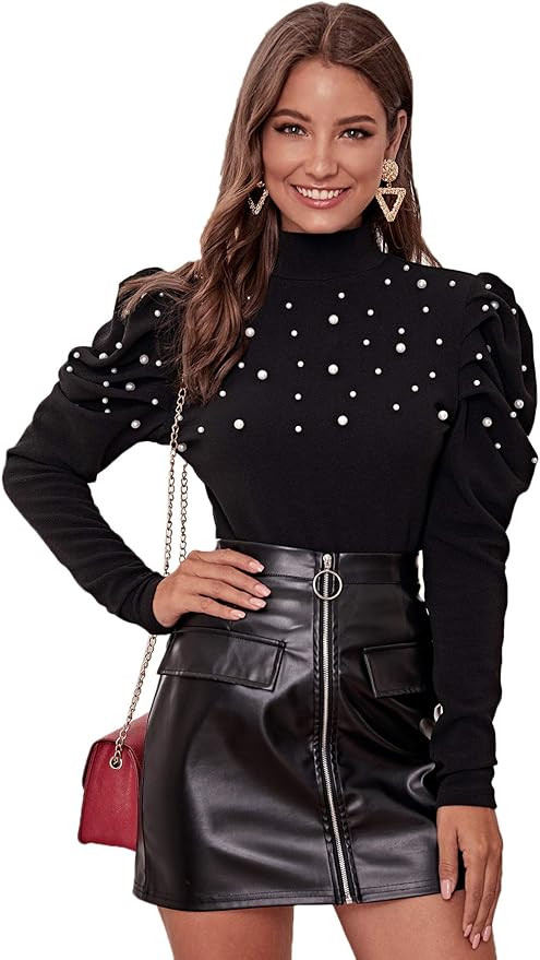 Romwe Women's Puff Long Sleeve Stand Collar Keyhole Back Slim Fitted Elegant Blouse | Amazon (US)