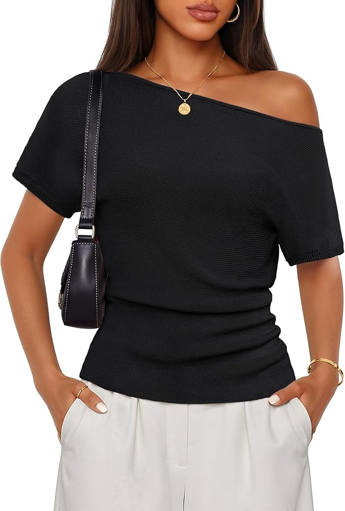 ZESICA Women's Off The Shoulder Short Sleeve Sweater Tops 2026 Summer Casual Ruched Knit Going Ou... | Amazon (US)
