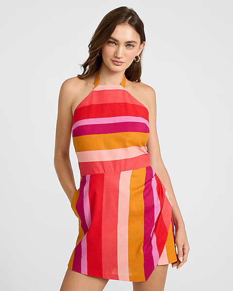 Linen-Blend Striped Halter Ruched Romper | Express