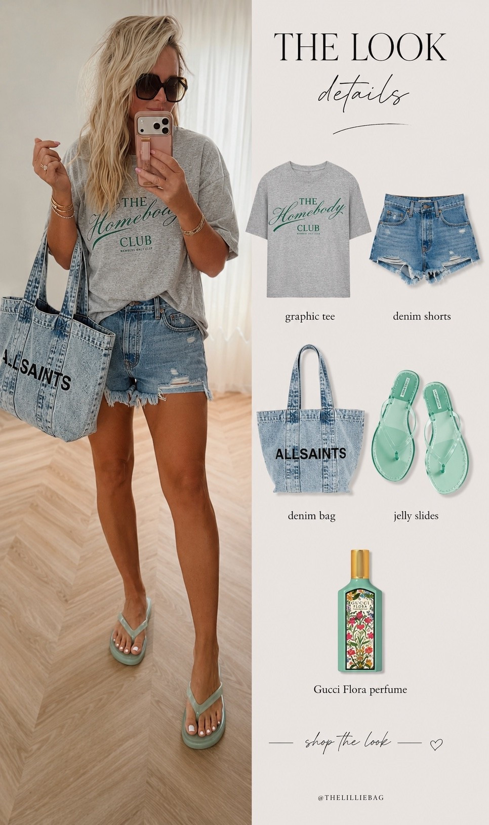 My go-to casual summer outfit lately 🤍 The oversized Homebody Club tee, denim shorts, mint jelly sandals, and this denim AllSaints tote are such a fun combo. Finished it off with my favorite Gucci Flora perfume for the perfect everyday look. Everything is linked for you!

Denim shorts. Summer outfit. Casual outfit. Graphic tee. Jelly sandals. Denim tote bag. Vacation outfit. Everyday style. Amazon fashion. Summer fashion.
