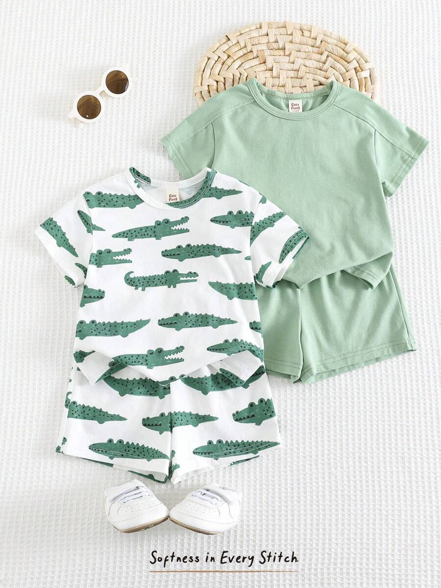 Cozy Pixies 4pcs Baby Boy Cartoon Crocodile Pattern Knitted Soft Round Neck Short Sleeve Top & El... | SHEIN