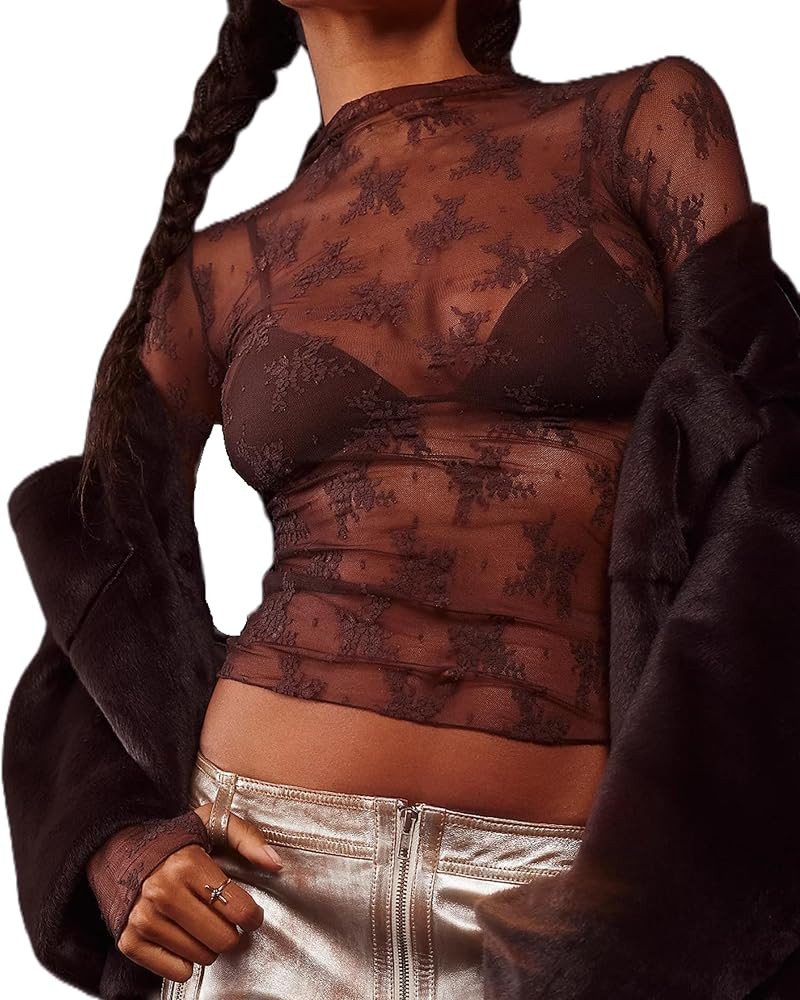 KMBANGI Women's Mesh Lace Long Sleeve Top Mock Neck Sheer Blouse Floral Lace Layering Tops Y2k Se... | Amazon (US)