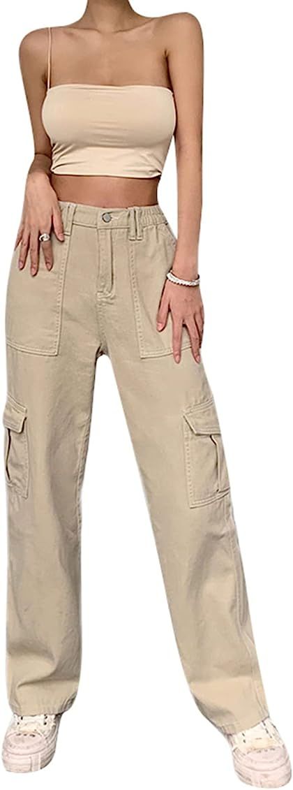 Women High Waisted Cargo Jeans Straight Wide Leg Joggers Sweatpants Casaul Baggy Pants with Pocke... | Amazon (US)