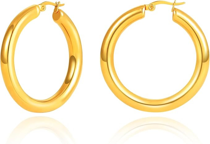 Chunky Gold Hoop Earrings for Women 18K Gold Paperclip Oval Hoop Earrings Gold Square Hoops Small... | Amazon (US)
