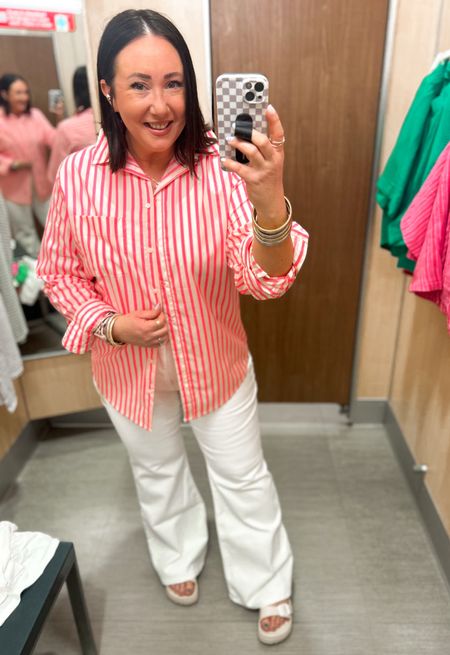 New boyfriend style button down top at Target!

Size large. 
Size 16 jeans. Tight around the waist. Run small. 
Sandals fit tts  

#LTKmidsize #LTKover40 #LTKfindsunder50