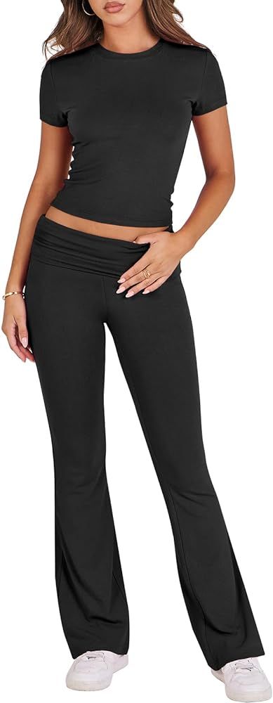 ANRABESS Women's 2 Piece Lounge Sets Fold-over Flare Pants Set Shorts Sleeve Y2K Cropped Top Casu... | Amazon (US)