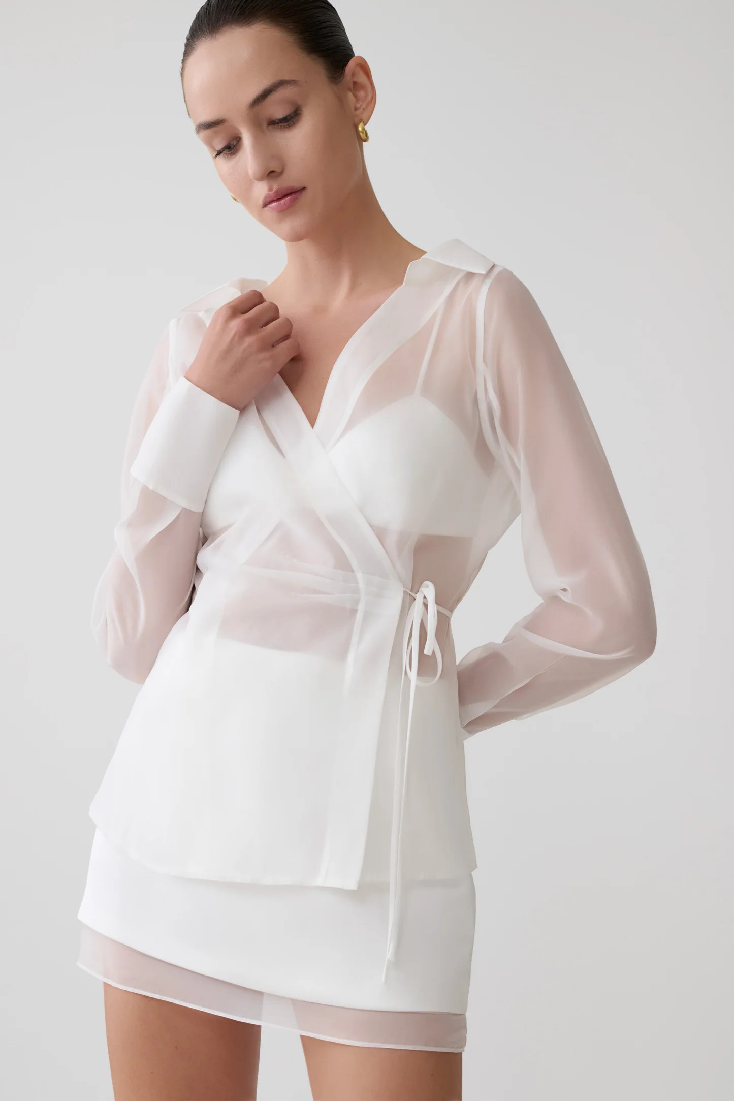 Organza Cross Over Shirt - White | MESHKI US
