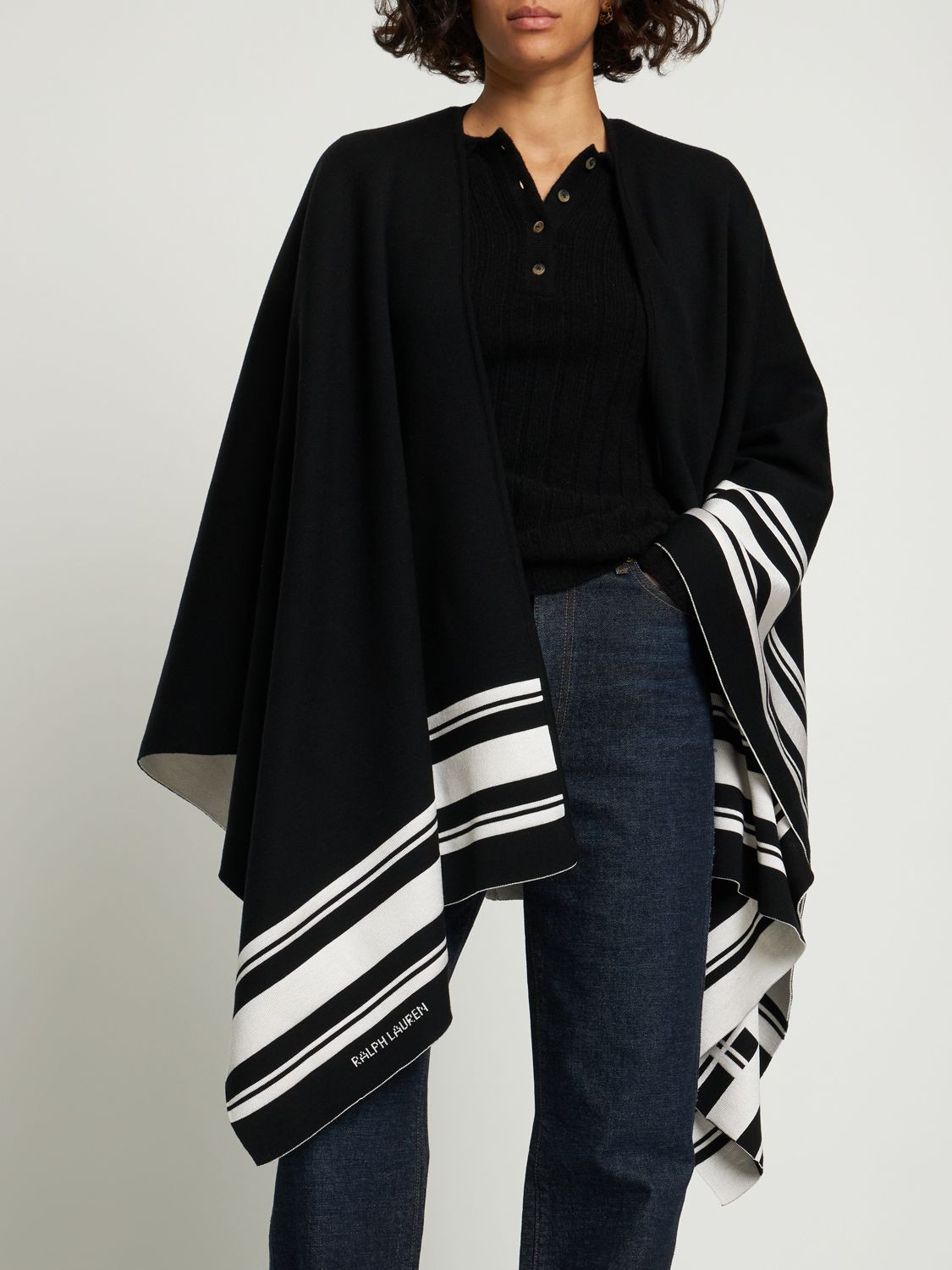 Ralph Lauren Collection - Striped double face wool silk knit cape - Black/Ivory | Luisaviaroma | Luisaviaroma