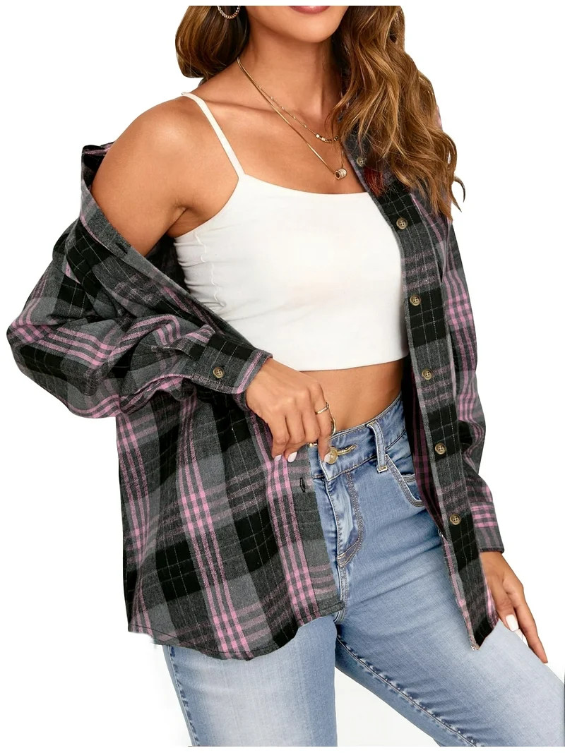 Fantaslook Plaid Flannel Shirts for Women Oversized Long Sleeve Button Down Shirts Blouses Tops | Walmart (US)
