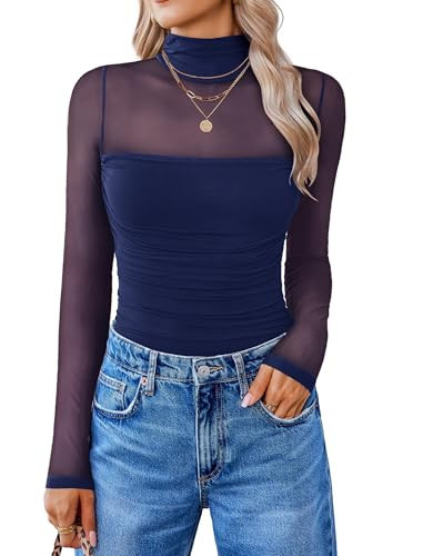 Avidlove Body Suits for Womens Long Sleeve Turtle Neck Bodysuit Mesh Double Llined Sheer Top Nashville Outfits Navy Blue | Amazon (US)