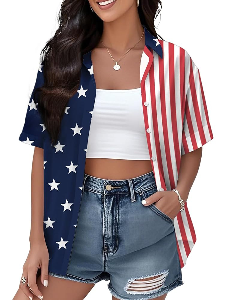 4th of July Hawaiian Shirts Women American Flag Patriotic Short Sleeve Button Down Outfits Summer... | Amazon (US)