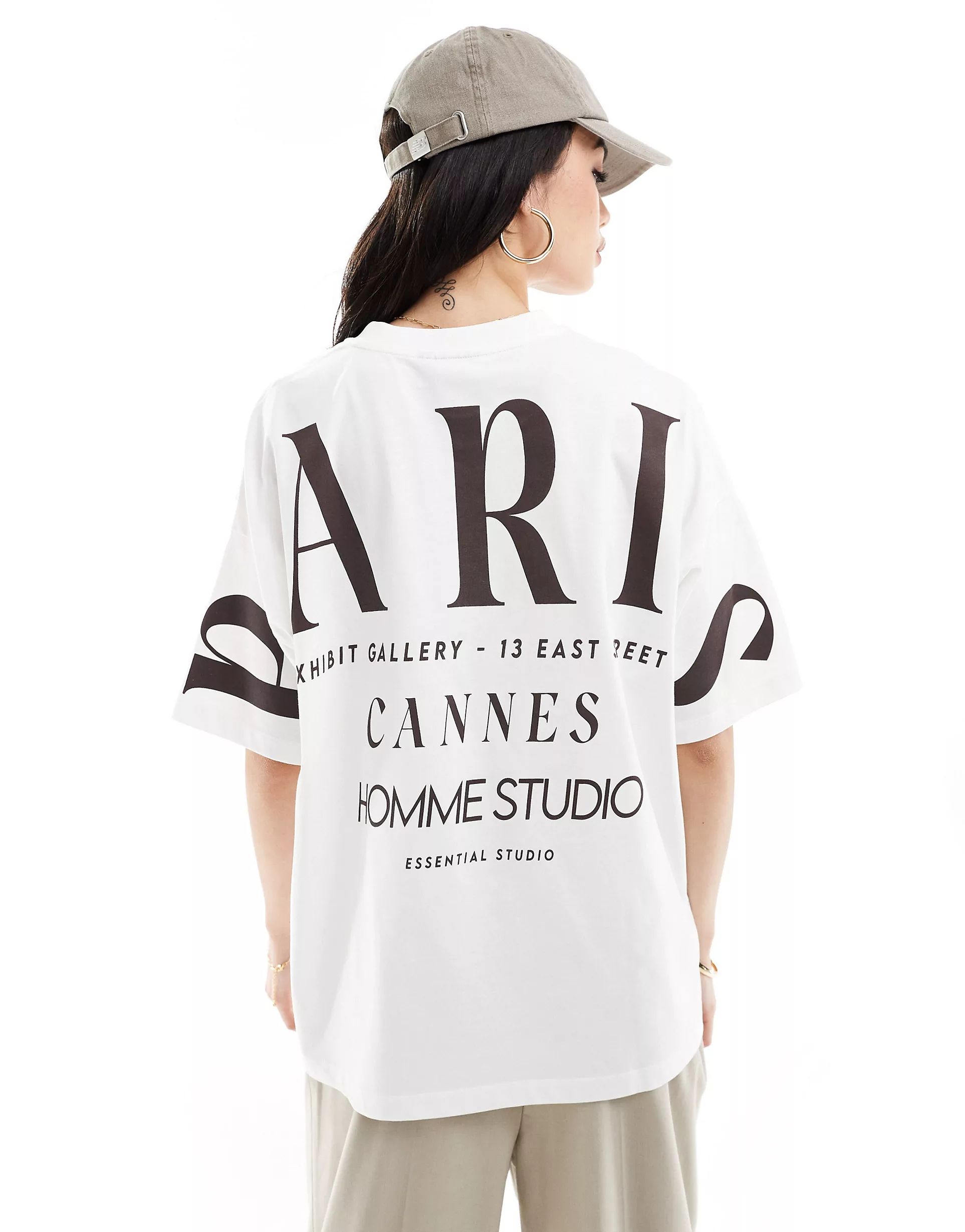 ASOS DESIGN oversized t-shirt with paris stacked back graphic in cream | ASOS (Global)