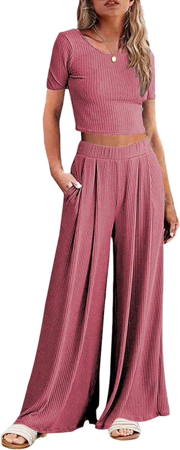 Ekouaer Womens Lounge Set 2 Piece Pajama Sets Short Sleeve Outfit Sets Ribbed Crop Top Wide Leg P... | Amazon (US)