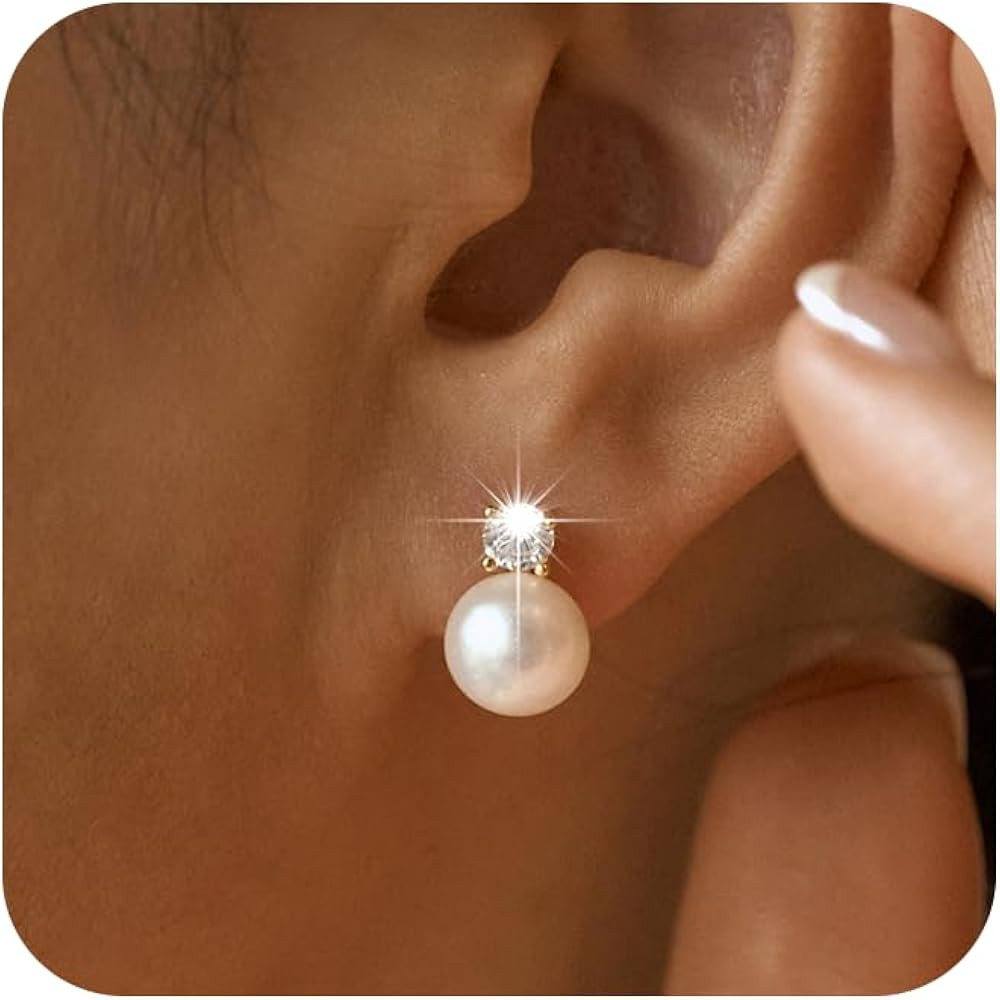 Pearl Earrings for Women-Dainty 14k Real Gold Plated Pearl Sterling Silver Post Trendy Diamond St... | Amazon (US)