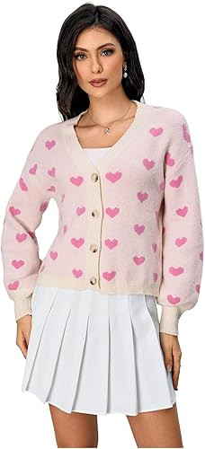 Verdusa Women's Long Sleeve Print Button Front V Neck Knit Sweater Cardigan Fall Outfits 2025 | Amazon (US)