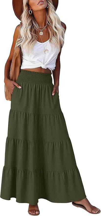 ANRABESS Womens Maxi Skirts, Elastic High Waist A-Line Tiered, Long Flowy Boho Skirts, Summer Cas... | Amazon (US)