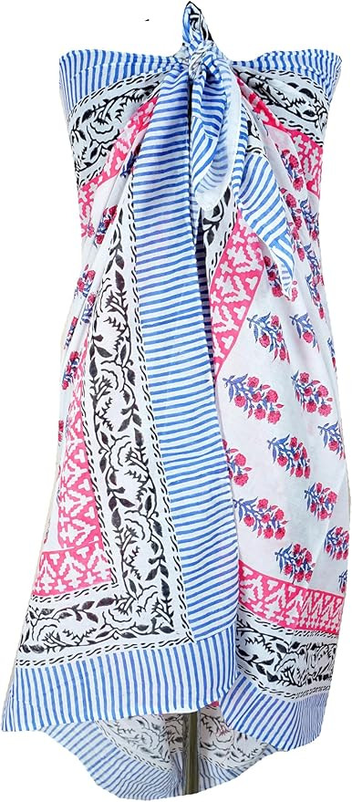 100% Cotton Block Print Sarong - Women's Swimsuit Wrap Cover-Up, Long Beachwear & Resort Apparel | Amazon (US)