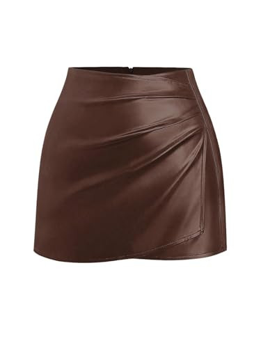 GORGLITTER Women's High Waisted Leather Skirt Wrap Ruched Bodycon Mini Skirts Brown Small | Amazon (US)